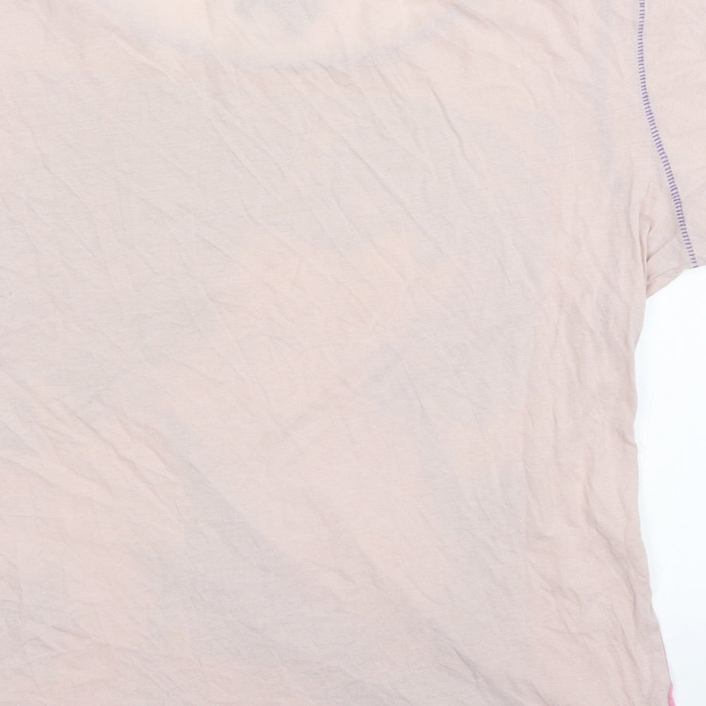 Brand and care label for Mango Jeans women’s pink basic t-shirt, size L