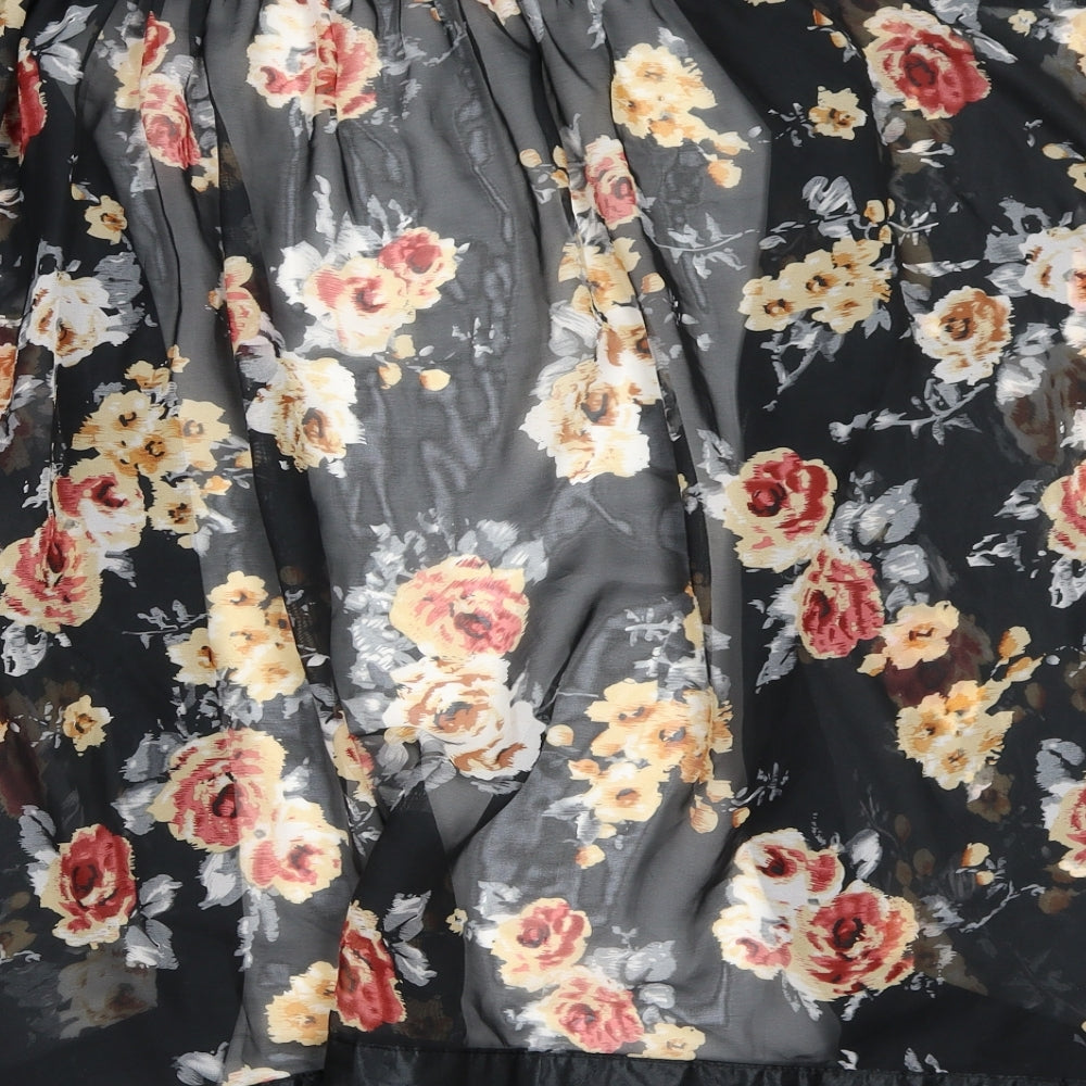 Brand and care label for Preworn women’s black floral cardigan jumper, size M
