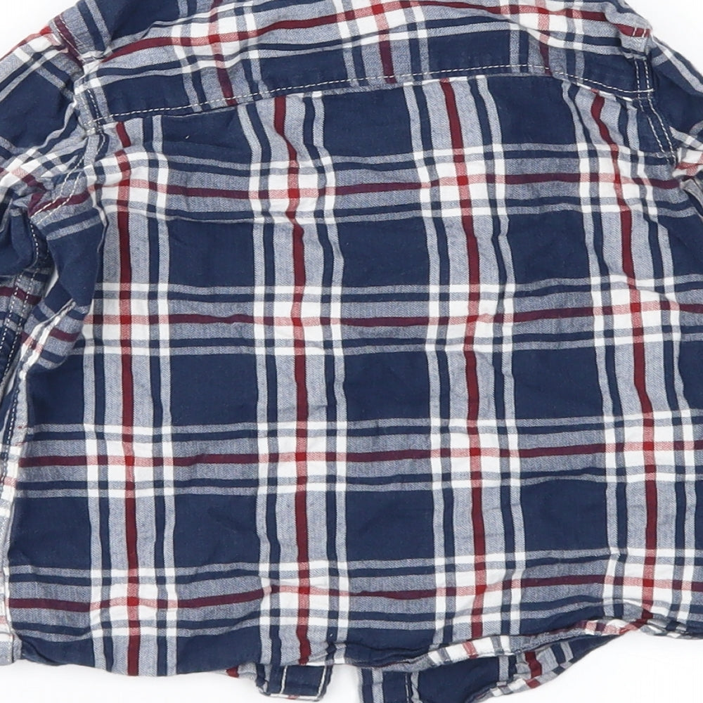 Brand and care label for H&M boys’ blue check basic blouse, size 18-24, months