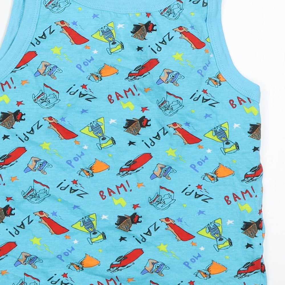 Brand and care label for George boys’ blue basic tank, size 5-6, years - superhero