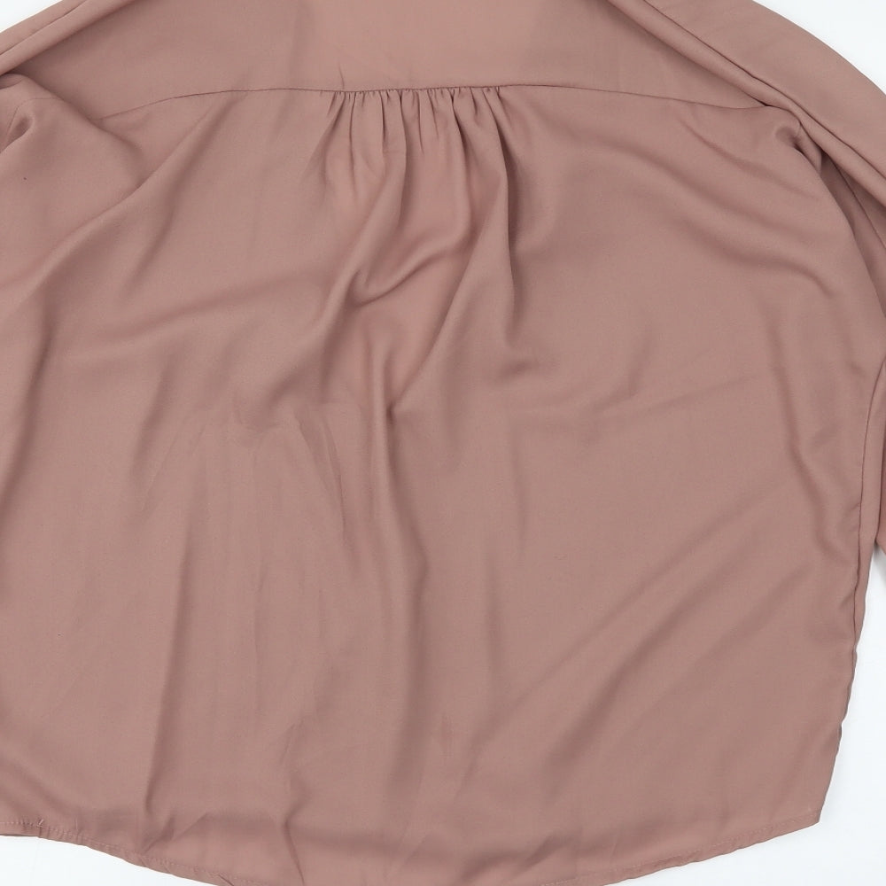 Brand and care label for Preworn women’s beige wrap blouse, size XL