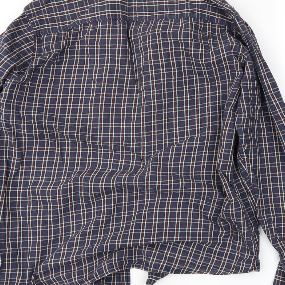 Brand and care label for F&F men’s blue plaid button-up, size L