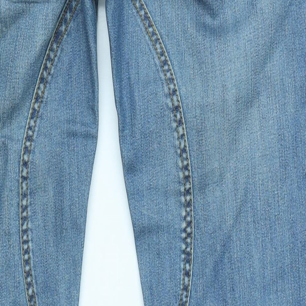 Brand and care label for Yes Miss women’s blue denim straight jeans, size XL, 30-inch leg