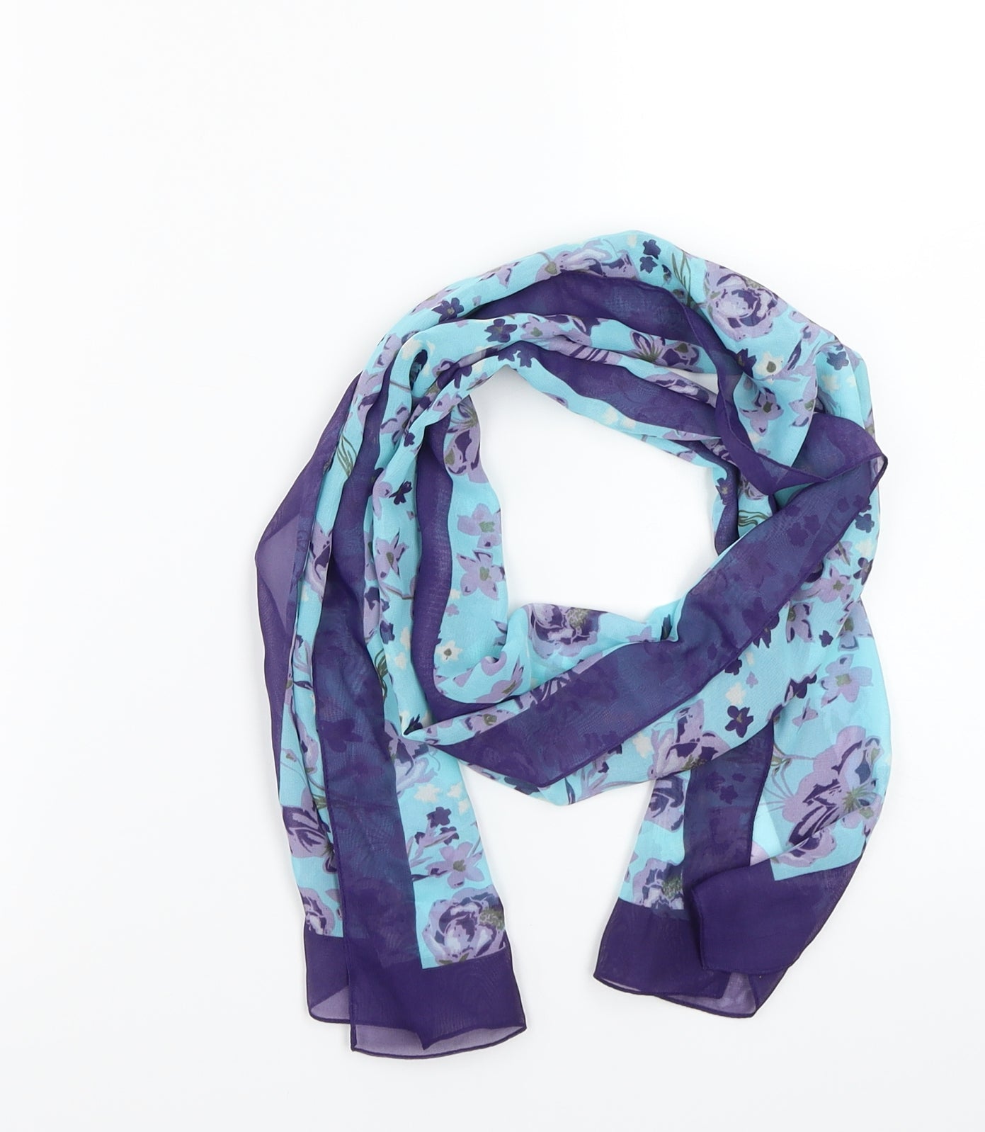 Front view of Preworn women’s blue floral scarf