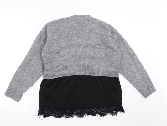 New Look Womens Grey Pullover Jumper Size S - lace hem