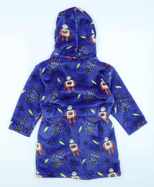 Outfit Kids Boys Blue Solid Fleece Robe Size 3-4 Years - Robot Print