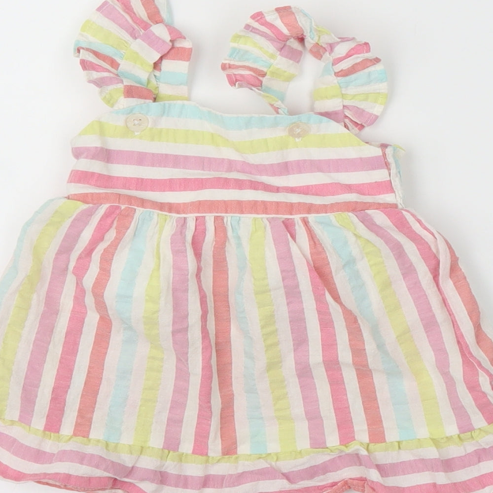 Brand and care label for F&F girls’ multicoloured striped a-line, size 6-9, months