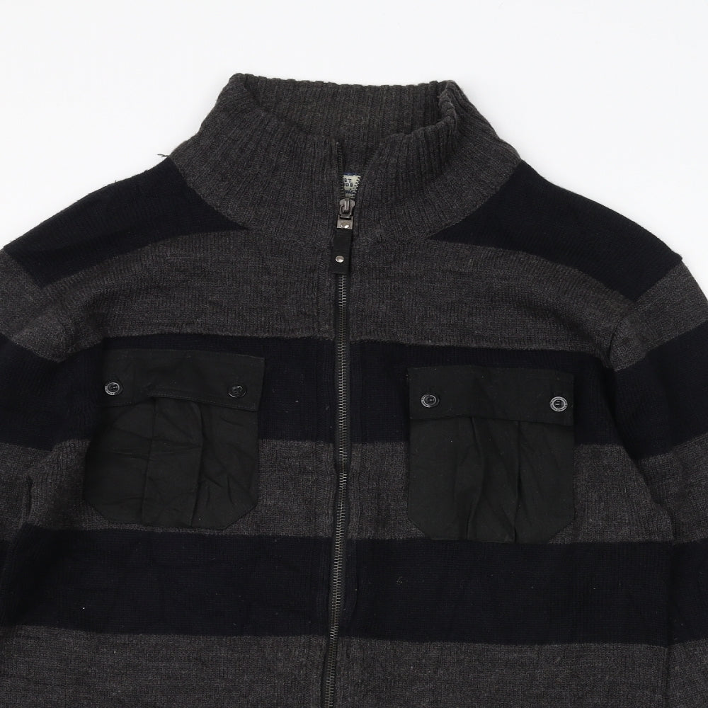 Lee Cooper Mens Grey Striped Full Zip Jumper Size M