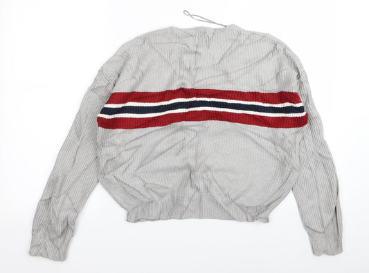 Pull&Bear Womens Grey Striped Pullover Jumper Size S