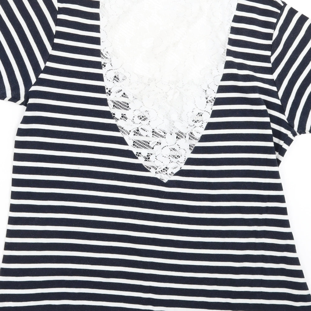 FANTASY SYLE Womens Black Striped Basic T-Shirt Size 2XL - lace back