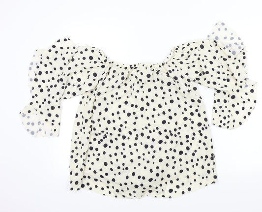 Preworn Womens Beige Polka Dot Basic Blouse Size L - Frill Detail