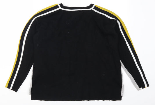 Wallis Womens Grey Striped Pullover Jumper Size M - Yellow Sleeve Stripe