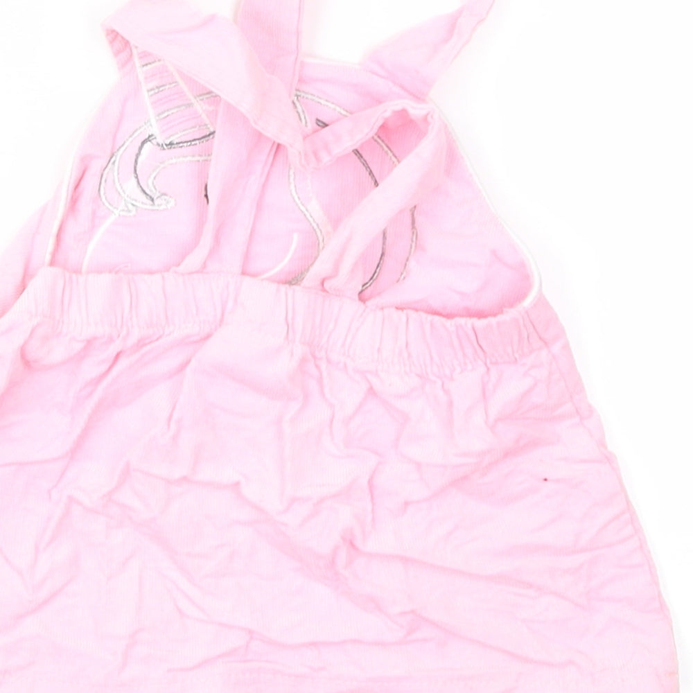 Brand and care label for Youngland girls’ pink corduroy pinafore/dungaree dress, size 12, months