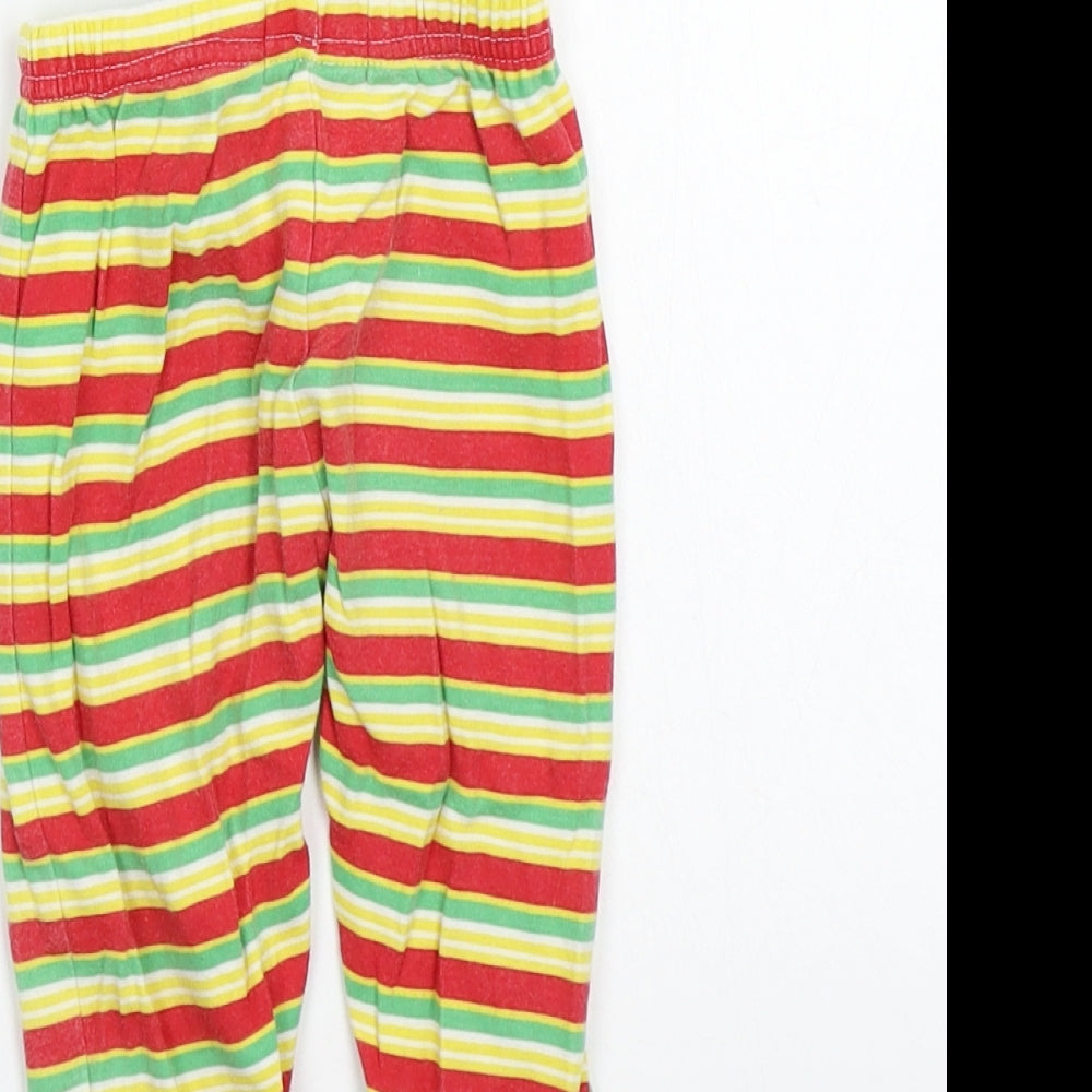 Brand and care label for Early days girls’ red striped babydoll pyjama pants, size 12-18, months