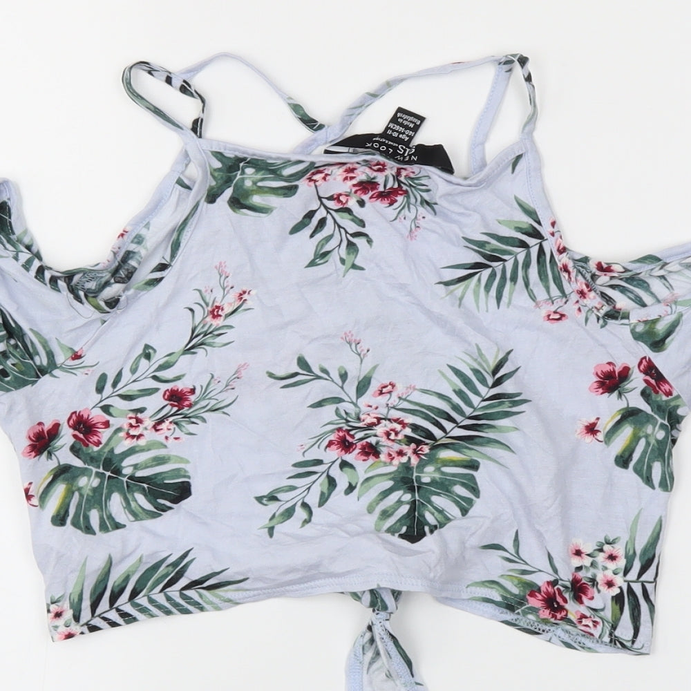 Brand and care label for New Look girls’ blue floral cropped tank, size 10-11, years