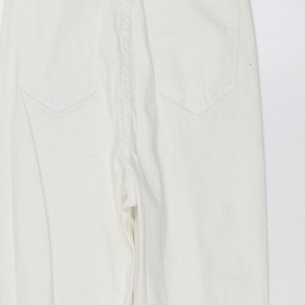 Brand and care label for In the Style women’s white straight jeans, size UK 12, 26-inch leg