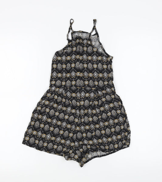 Preworn Girls Black Floral Playsuit One-Piece Size S L3 in