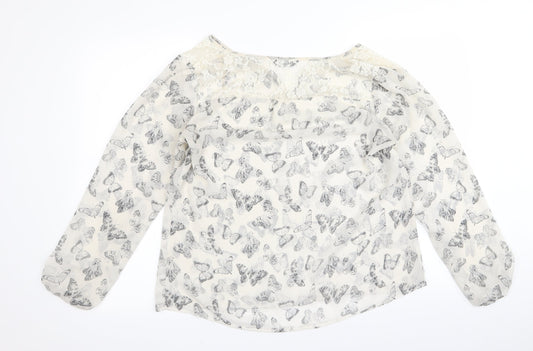 Preworn Womens White Animal Print Basic Blouse Size 14