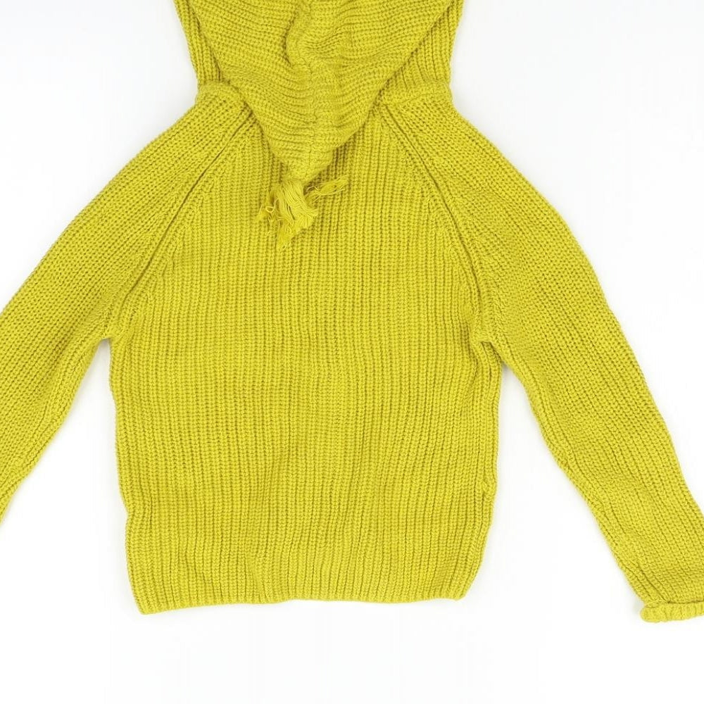 Brand and care label for Next girls’ yellow cardigan jumper, size 12-18, months