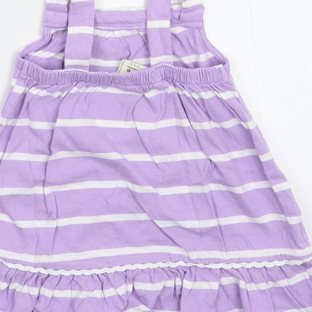 Brand and care label for Old Navy girls’ purple striped tank dress, size 3-6, months