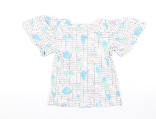Preworn Girls White Basic Blouse Size 9-10 Years - Cactus print