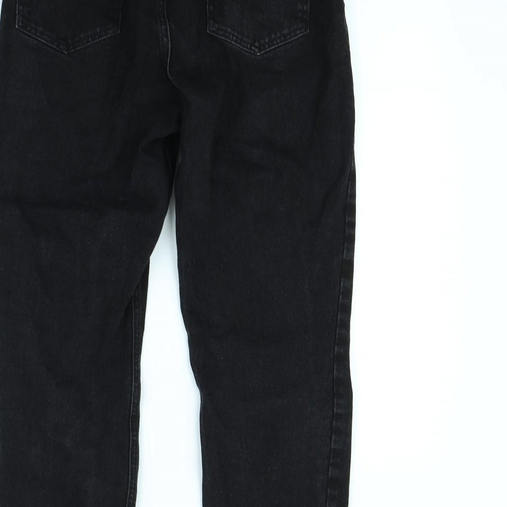 Brand and care label for ASOS women’s black straight jeans, size UK 32, in, 29-inch leg