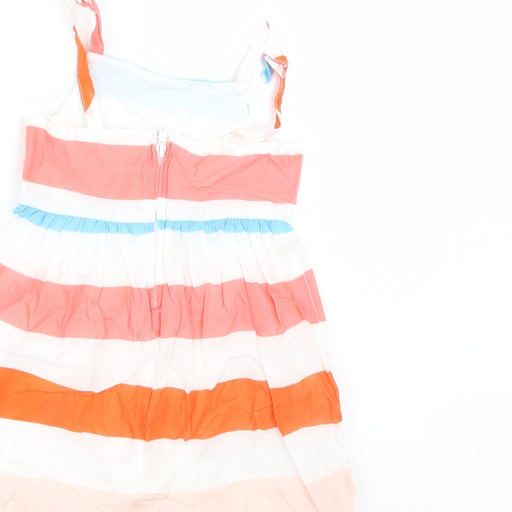 Brand and care label for Mini Club girls’ multicoloured striped tank dress, size 12-18, months