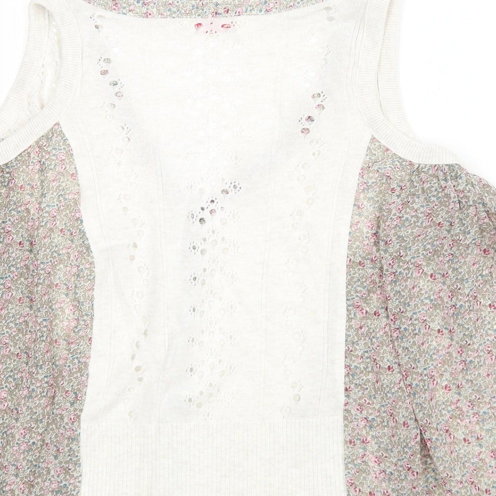 Brand and care label for Miss Selfridge women’s beige floral basic blouse, size UK 8