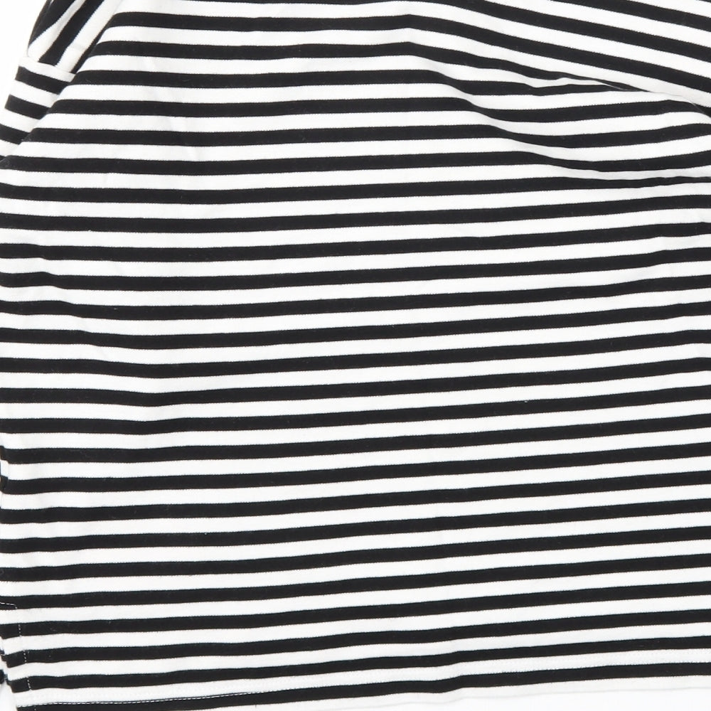 Brand and care label for LOGG women’s black striped basic t-shirt, size XS