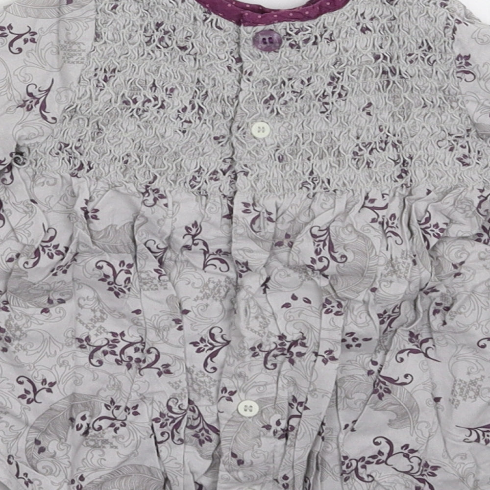 Brand and care label for mamas & papas girls’ grey floral shirt dress, size 3-6, months