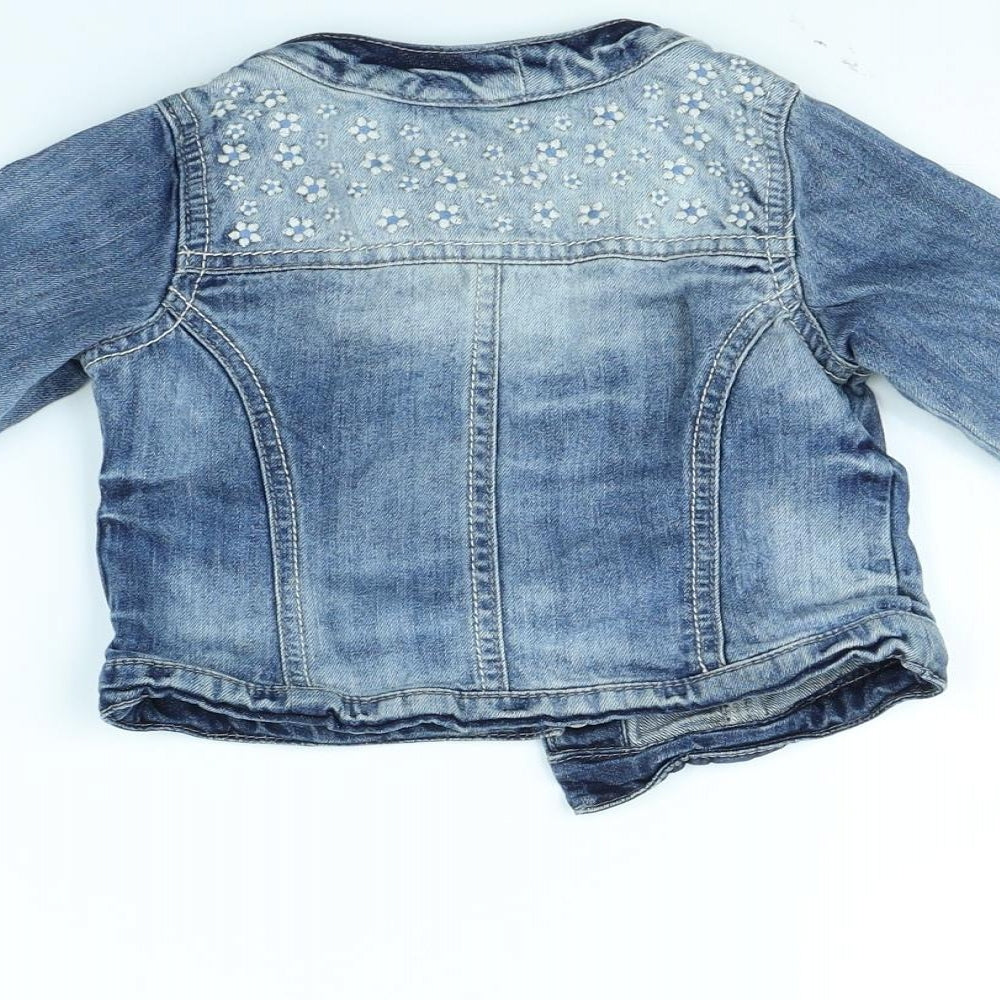 Brand and care label for Next girls’ blue jacket, size 12, months
