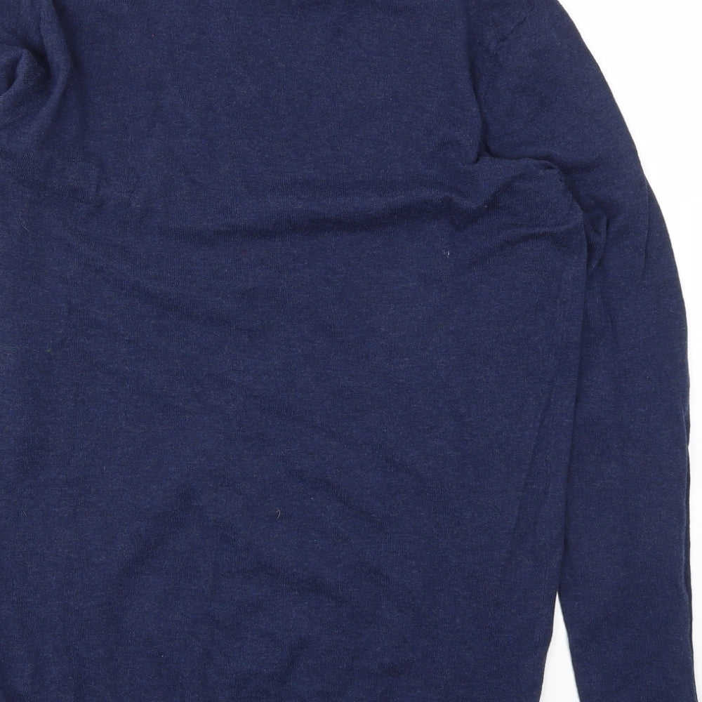 Brand and care label for ASOS men’s blue pullover sweatshirt, size S