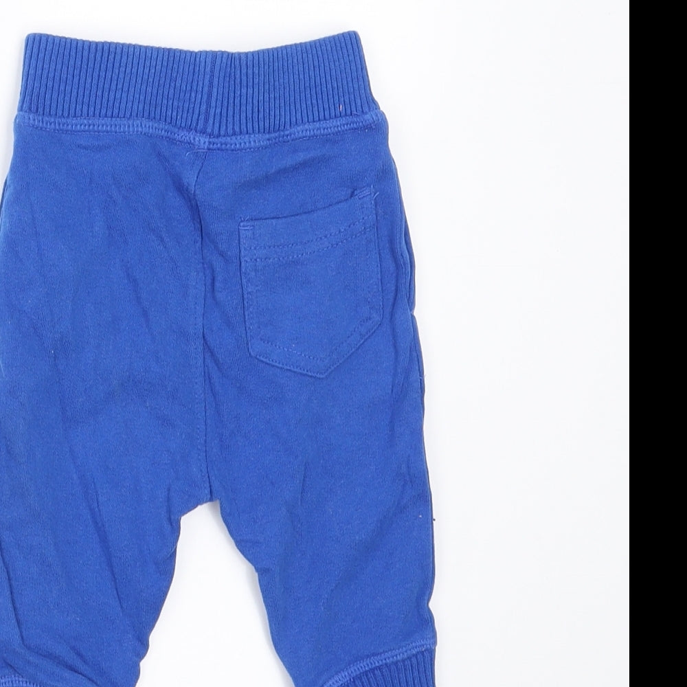 Brand and care label for Mothercare Baby Blue Jogger Trousers, size 3-6, Months