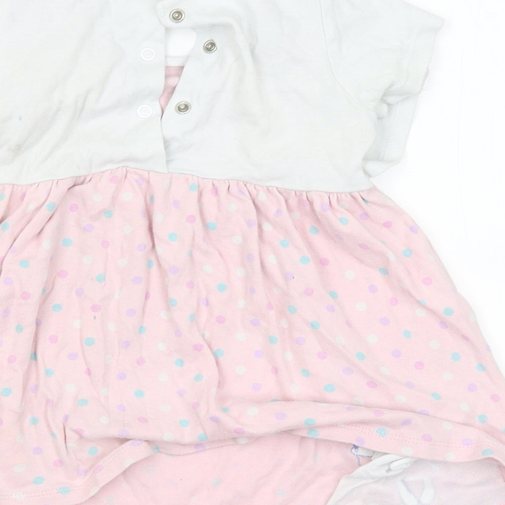 Brand and care label for M&Co girls’ pink spotted t-shirt dress, size 12-18, months