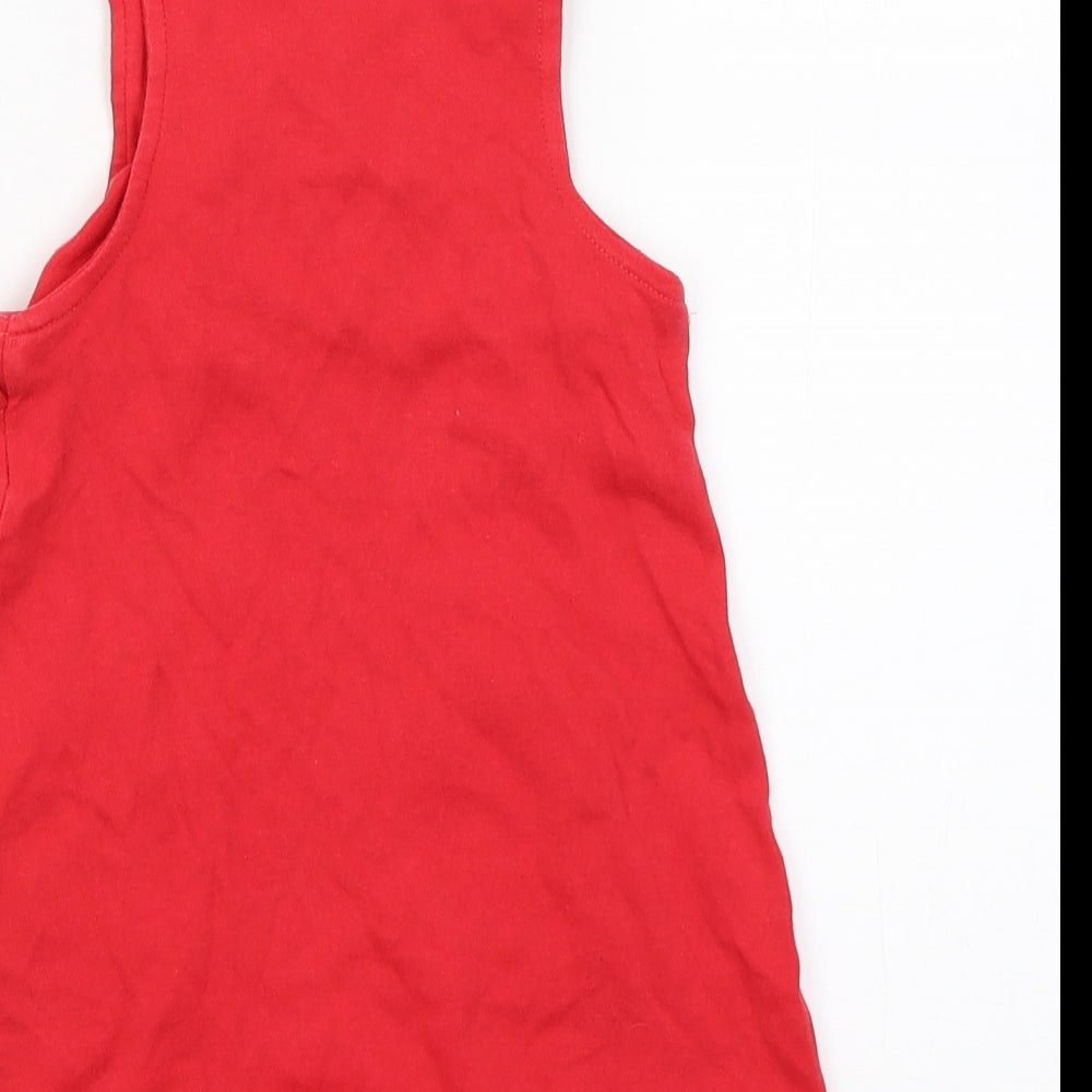 Brand and care label for world of eric carle girls’ red tank dress, size 9-12, months