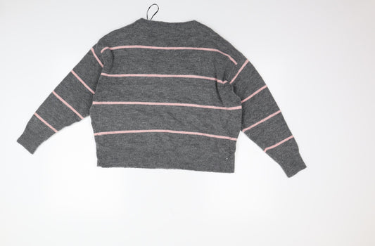 H&M Womens Grey Striped Henley Jumper Size S