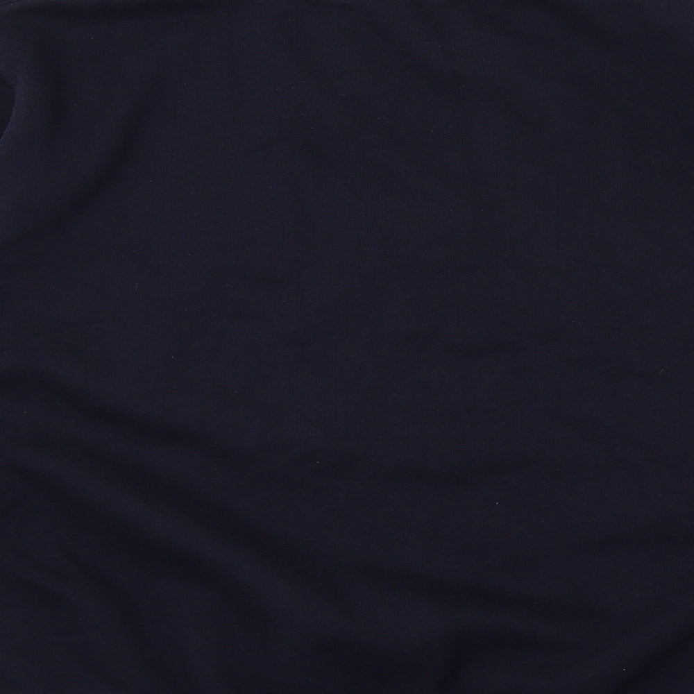 Brand and care label for Easy men’s blue jersey pullover sweatshirt, size L
