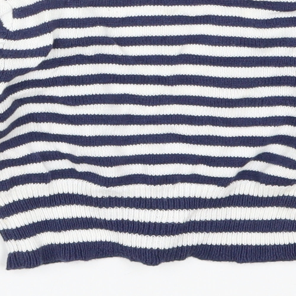 Brand and care label for Mini Mode girls’ blue striped cardigan jumper, size 18-24, months