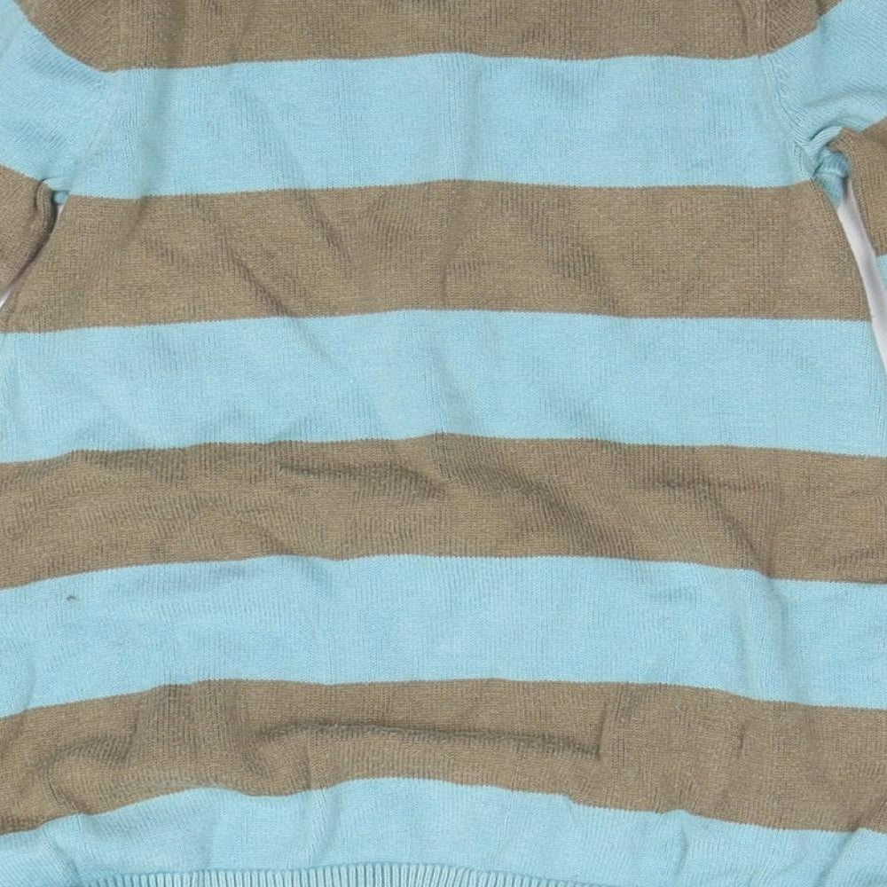 Brand and care label for Mexx girls’ blue striped jumper dress, size 18-24, months