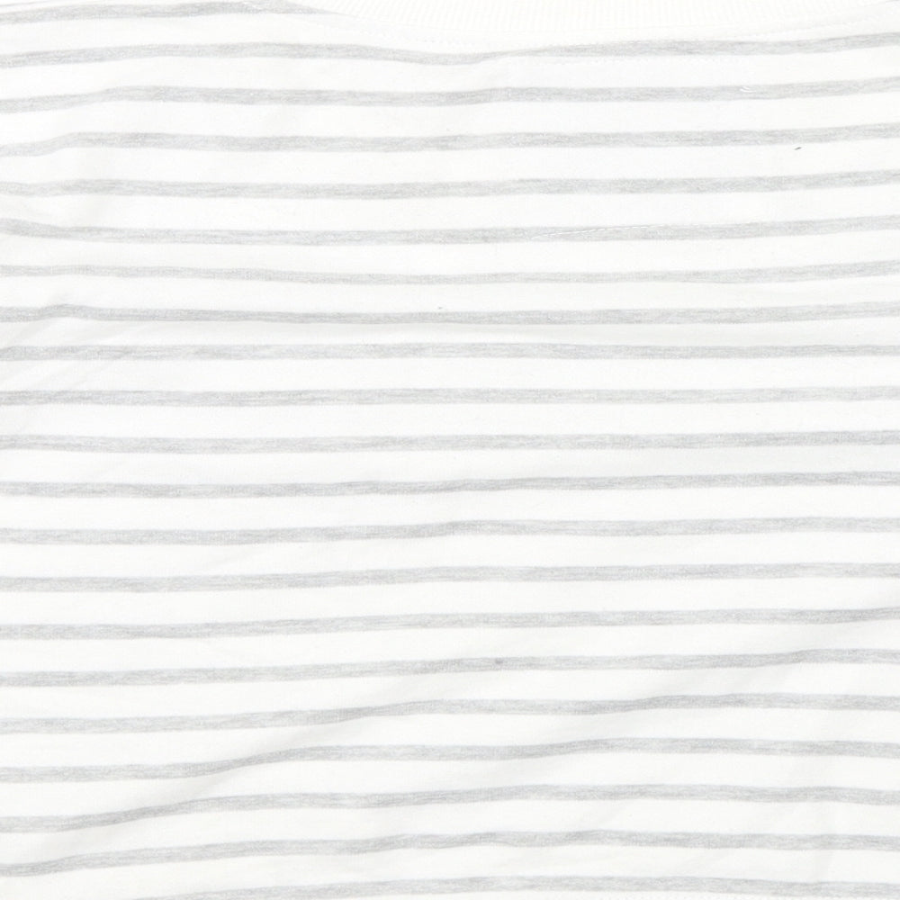 Brand and care label for Atmosphere women’s white striped jumper, size UK 8