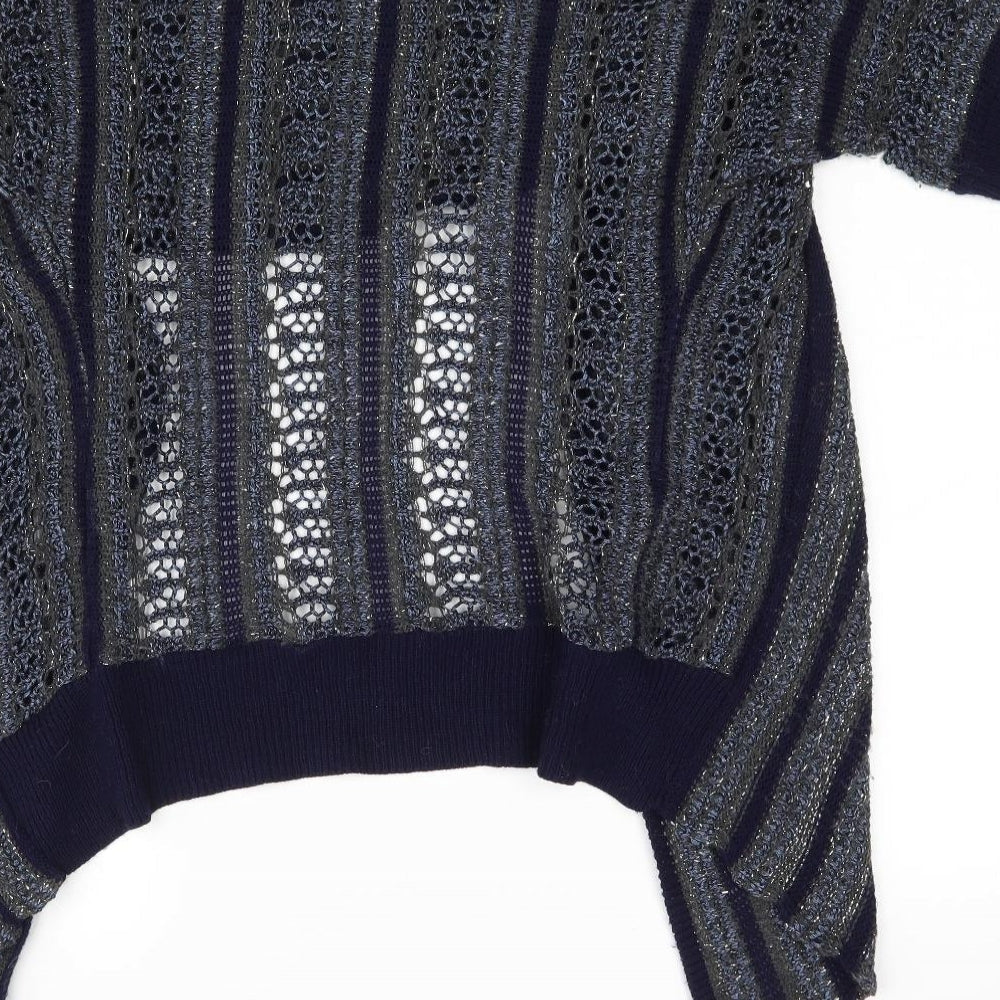 Brand and care label for Miss Selfridge women’s blue striped wrap jumper, size UK 8