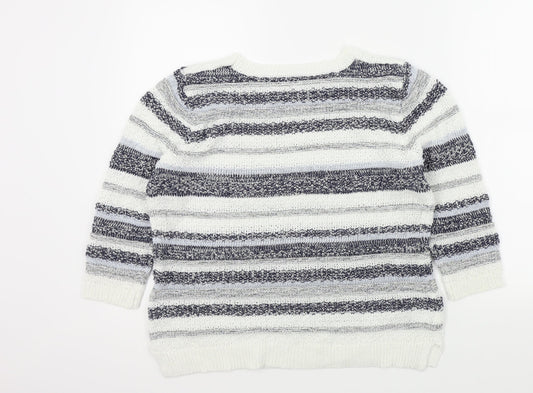 M&Co Womens White Striped Pullover Jumper Size 16