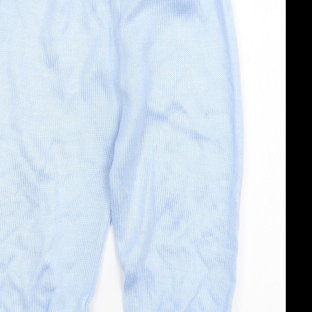 Brand and care label for Preworn boys’ blue knit jogger trousers, size 12, months