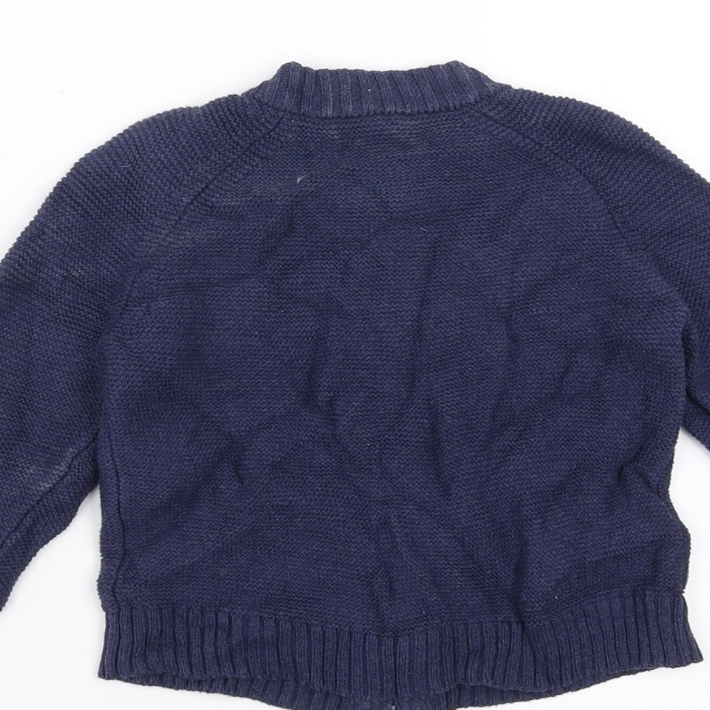 Brand and care label for Mini Club boys’ blue knit full zip jumper, size 18-24, months