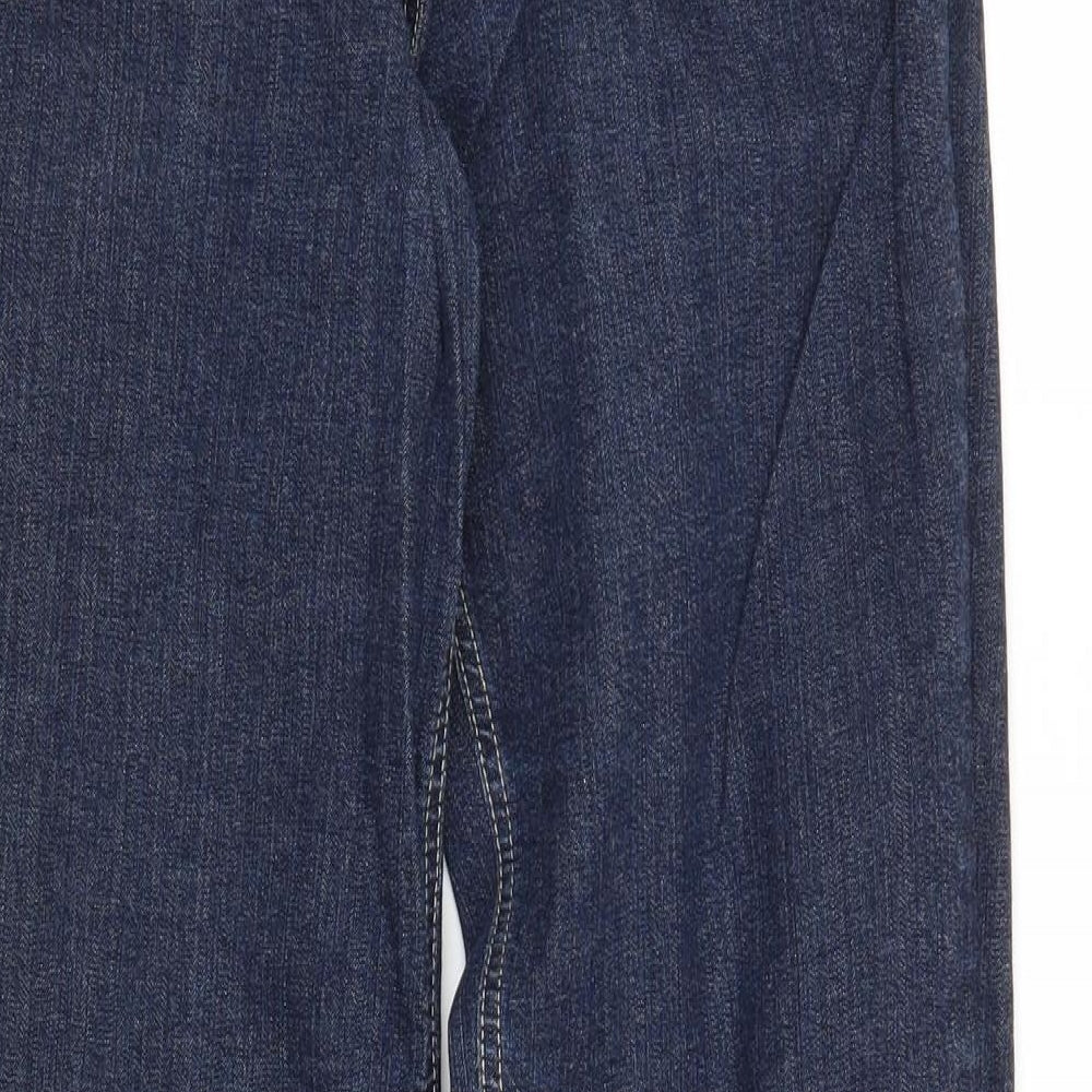 Brand and care label for Evie women’s blue denim mom jeans, size UK 12, 28-inch leg
