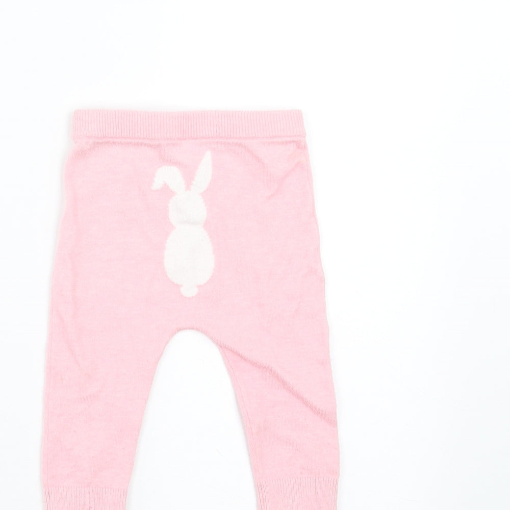 Brand and care label for Little Nutmeg girls’ pink jogger trousers, size 3-6, months - rabbit