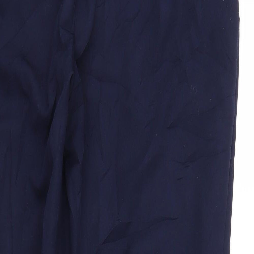 Brand and care label for ASOS women’s blue carrot trousers, size UK 8, 25-inch leg