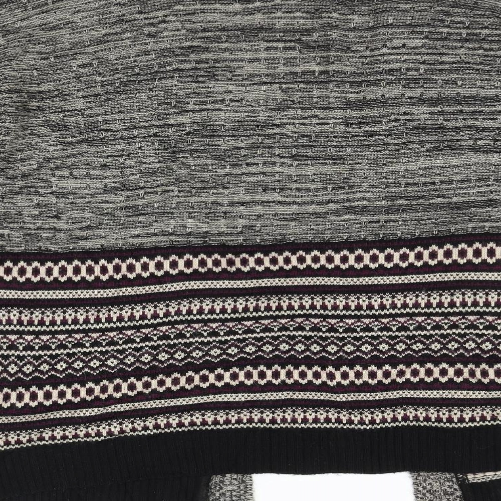 Brand and care label for Miss Selfridge women’s grey geometric cardigan jumper, size UK 10