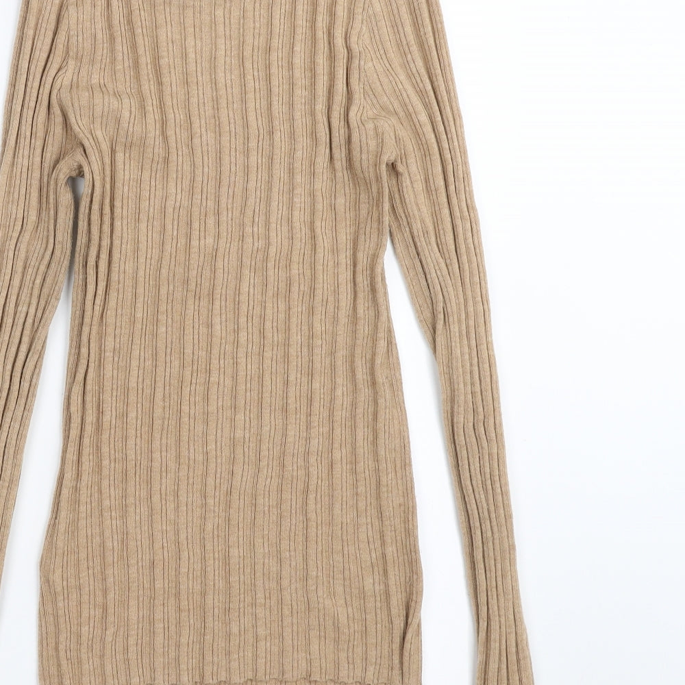 Brand and care label for ASOS women’s beige striped jumper, size UK 12