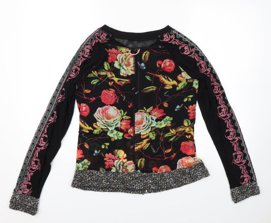 Apricot Womens Black Floral Full Zip Sweatshirt Size 8